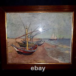 Old Marine Painting Brittany Coastal Scene Fishing Boats Signed at the Bottom of the Painting