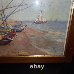 Old Marine Painting Brittany Coastal Scene Fishing Boats Signed at the Bottom of the Painting