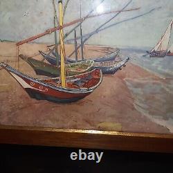 Old Marine Painting Brittany Coastal Scene Fishing Boats Signed at the Bottom of the Painting