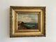 Old Marine Painting Oil On Wood Panel Sailboats Rocky Coast Seaside