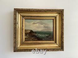 Old Marine Painting Oil on Wood Panel Sailboats Rocky Coast Seaside