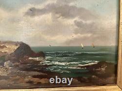 Old Marine Painting Oil on Wood Panel Sailboats Rocky Coast Seaside