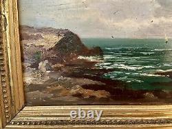 Old Marine Painting Oil on Wood Panel Sailboats Rocky Coast Seaside