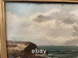 Old Marine Painting Oil on Wood Panel Sailboats Rocky Coast Seaside