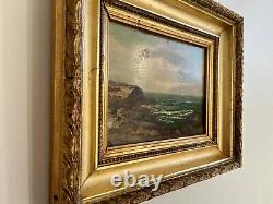 Old Marine Painting Oil on Wood Panel Sailboats Rocky Coast Seaside