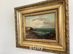 Old Marine Painting Oil on Wood Panel Sailboats Rocky Coast Seaside