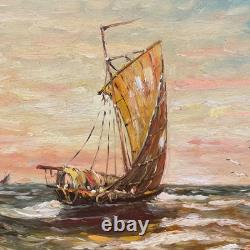 Old Marine Painting Sailboat Signed FOURNIER Oil on Wood 1920s