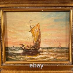 Old Marine Painting of a Sailboat Signed FOURNIER Oil on Wood 1920s