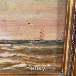 Old Marine Painting of a Sailboat Signed FOURNIER Oil on Wood 1920s