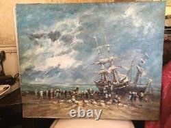 Old Marine Painting on Canvas Signed 60s