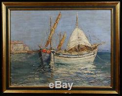 Old Navy Oil On Cardboard Strong Showing Sailboats On The Sea Signed