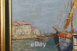 Old Navy Oil On Cardboard Strong Showing Sailboats On The Sea Signed