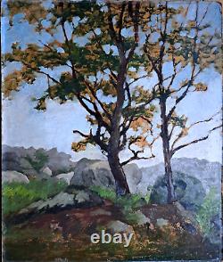 Old OIL STUDY on Panel trees and rocks at FONTAINEBLEAU 1930s