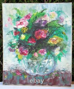 Old Oil Knife Painting on Canvas Flower Bouquet in Vase Signed CACHIA