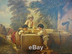 Old Oil On Canvas 19 Eme Children At The Fountain Signed Arnestus