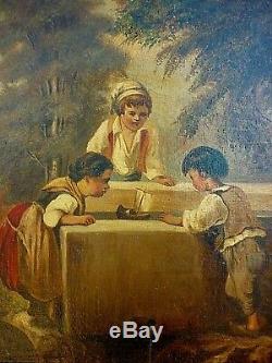 Old Oil On Canvas 19 Eme Children At The Fountain Signed Arnestus