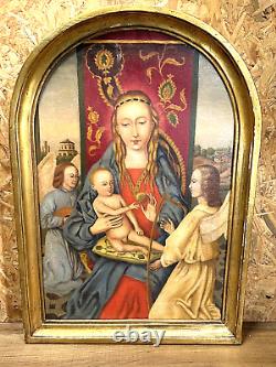 Old Oil On Canvas, Golden Frame, Virgin To Child, D After Han Memling