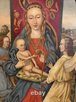 Old Oil On Canvas, Golden Frame, Virgin To Child, D After Han Memling