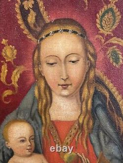 Old Oil On Canvas, Golden Frame, Virgin To Child, D After Han Memling