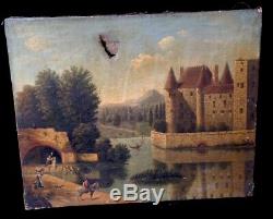 Old Oil On Canvas Landscape Animated Chateau End 18 Antik Eme Oil On Canvas
