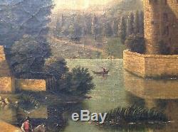 Old Oil On Canvas Landscape Animated Chateau End 18 Antik Eme Oil On Canvas