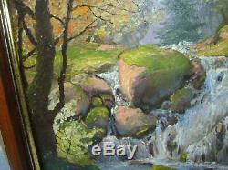 Old Oil On Canvas Landscape Waterfall Signed Artist Reney Good Rating