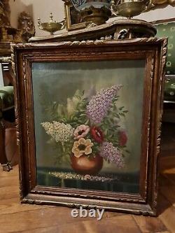 Old Oil On Canvas Painting, Bouquet Of Flowers, Signed