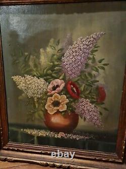 Old Oil On Canvas Painting, Bouquet Of Flowers, Signed