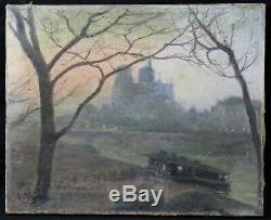 Old Oil On Canvas Signed 1904 / Notre Dame De Paris France Barge