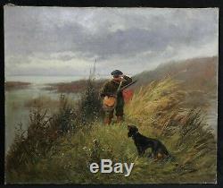 Old Oil On Canvas Signed Hunting In The Sea Brittany Duck Woodcock