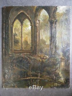 Old Oil On Canvas Signed Imaginary Ruins Study Painting Wood Painting