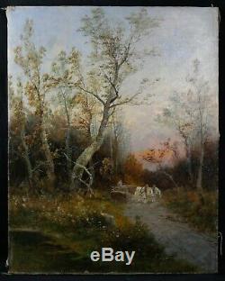 Old Oil On Canvas Signed Waller Transport Of Wood On Horseback And In Forest