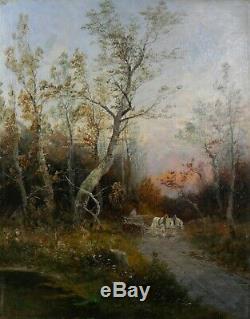 Old Oil On Canvas Signed Waller Transport Of Wood On Horseback And In Forest