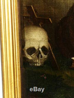 Old Oil On Canvas St. Anthony Prayer Vanity In Nineteenth Century Human Skull