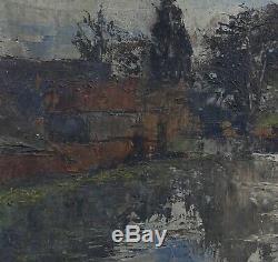 Old Oil On Cardboard Fort Landscape In Golden Frame Impressionist River