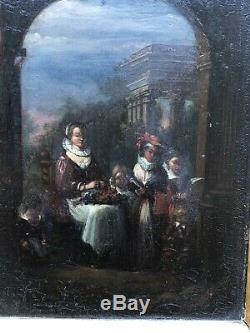 Old Oil On Panel Fin 17th Mother And Children Painting 17th