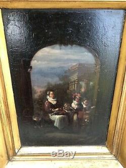 Old Oil On Panel Fin 17th Mother And Children Painting 17th