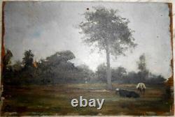 Old Oil On Panel Painting Painting Berry Indre Landscape Country Cows