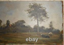 Old Oil On Panel Painting Painting Berry Indre Landscape Country Cows