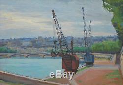 Old Oil On Panel The Quays Of Seine Cranes Signed Lucien Gary Painting