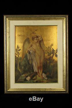 Old Oil Painting And Gold Leaf, Angel On Panel / Religious Scene