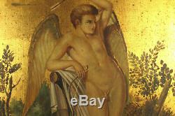 Old Oil Painting And Gold Leaf, Angel On Panel / Religious Scene