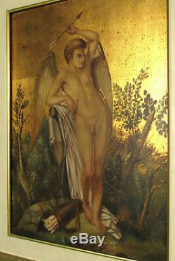 Old Oil Painting And Gold Leaf, Angel On Panel / Religious Scene