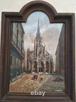 Old Oil Painting Landscape Church of Saint-Maclou in Rouen Signed B. LANGRUNE