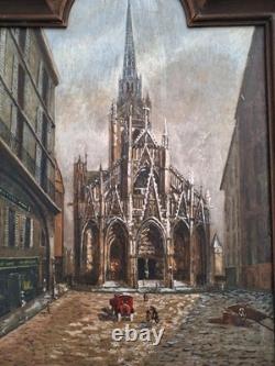 Old Oil Painting Landscape Church of Saint-Maclou in Rouen Signed B. LANGRUNE