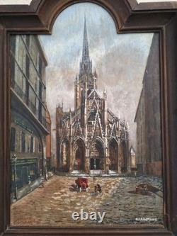 Old Oil Painting Landscape Church of Saint-Maclou in Rouen Signed B. LANGRUNE