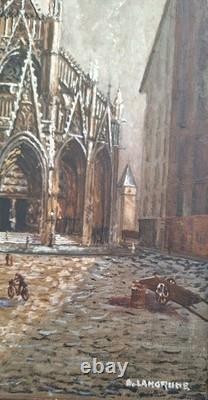 Old Oil Painting Landscape Church of Saint-Maclou in Rouen Signed B. LANGRUNE