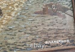 Old Oil Painting Landscape Church of Saint-Maclou in Rouen Signed B. LANGRUNE