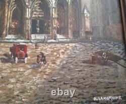 Old Oil Painting Landscape Church of Saint-Maclou in Rouen Signed B. LANGRUNE