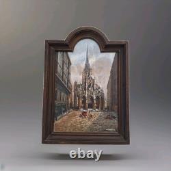 Old Oil Painting Landscape Church of Saint-Maclou in Rouen Signed B. LANGRUNE